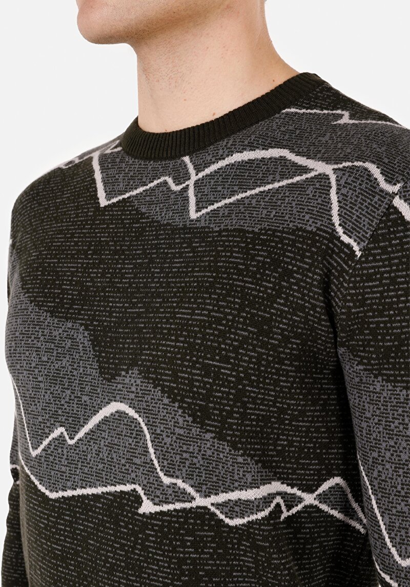 Regular Fit Yuvarlak Yaka Jakarlı Erkek Yeşil Kazak