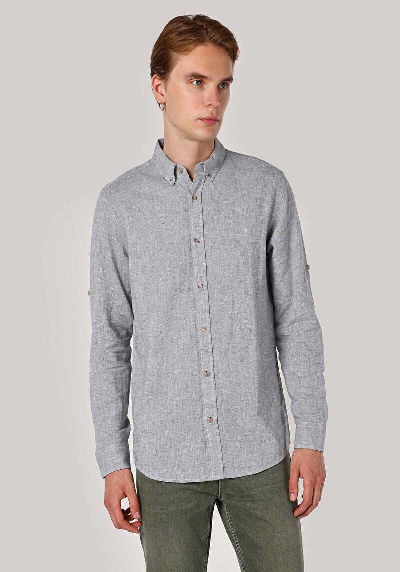 Regular Fit Shirt Neck Düz Erkek Yeşil Uzun Kol Gömlek