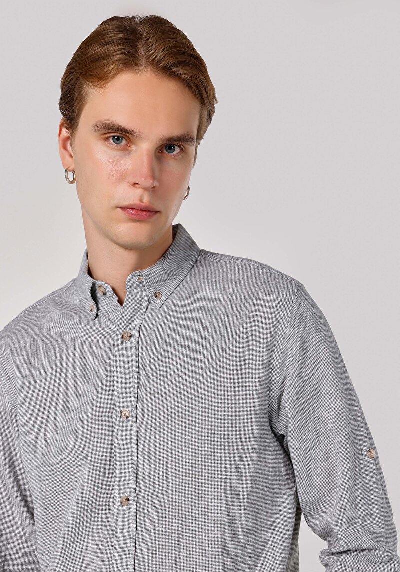 Regular Fit Shirt Neck Düz Erkek Yeşil Uzun Kol Gömlek