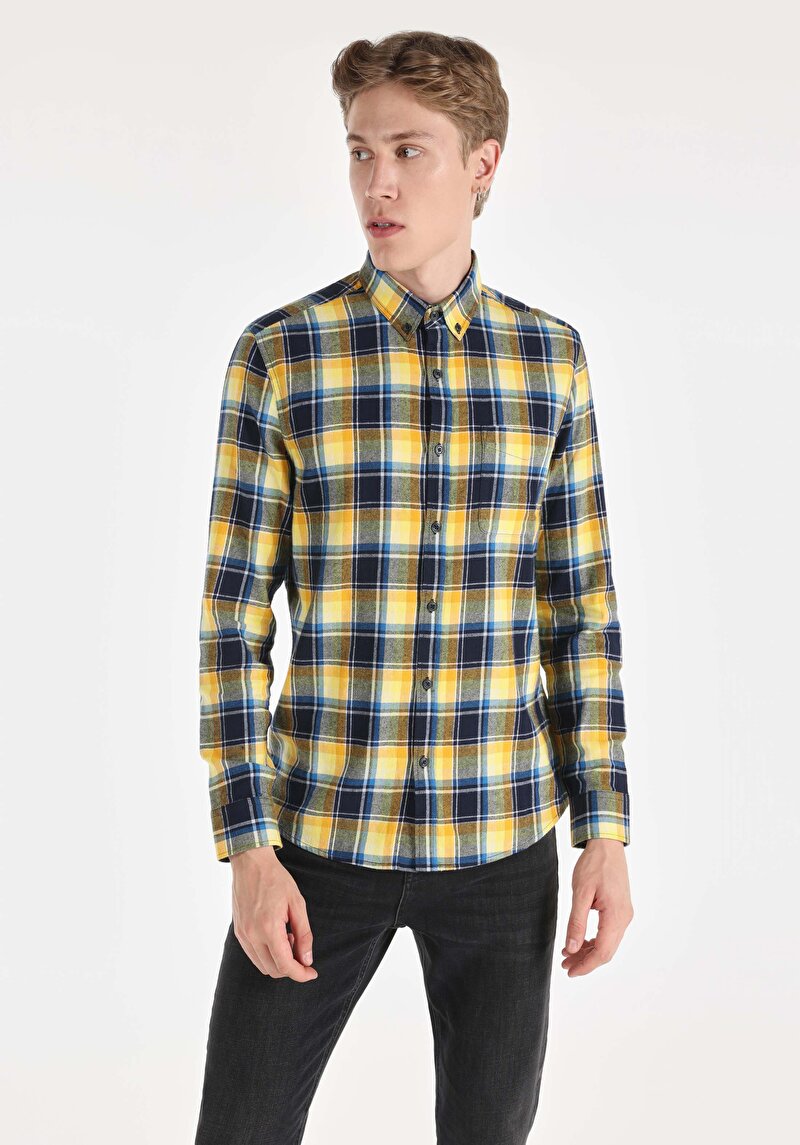 Slim Fit Shirt Neck Cepli Ekoseli Erkek Lacivert Uzun Kol Gömlek