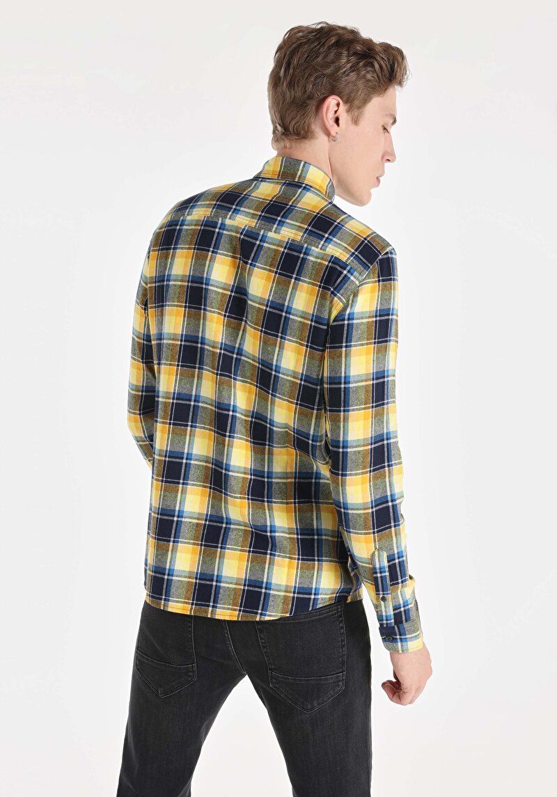 Slim Fit Shirt Neck Cepli Ekoseli Erkek Lacivert Uzun Kol Gömlek