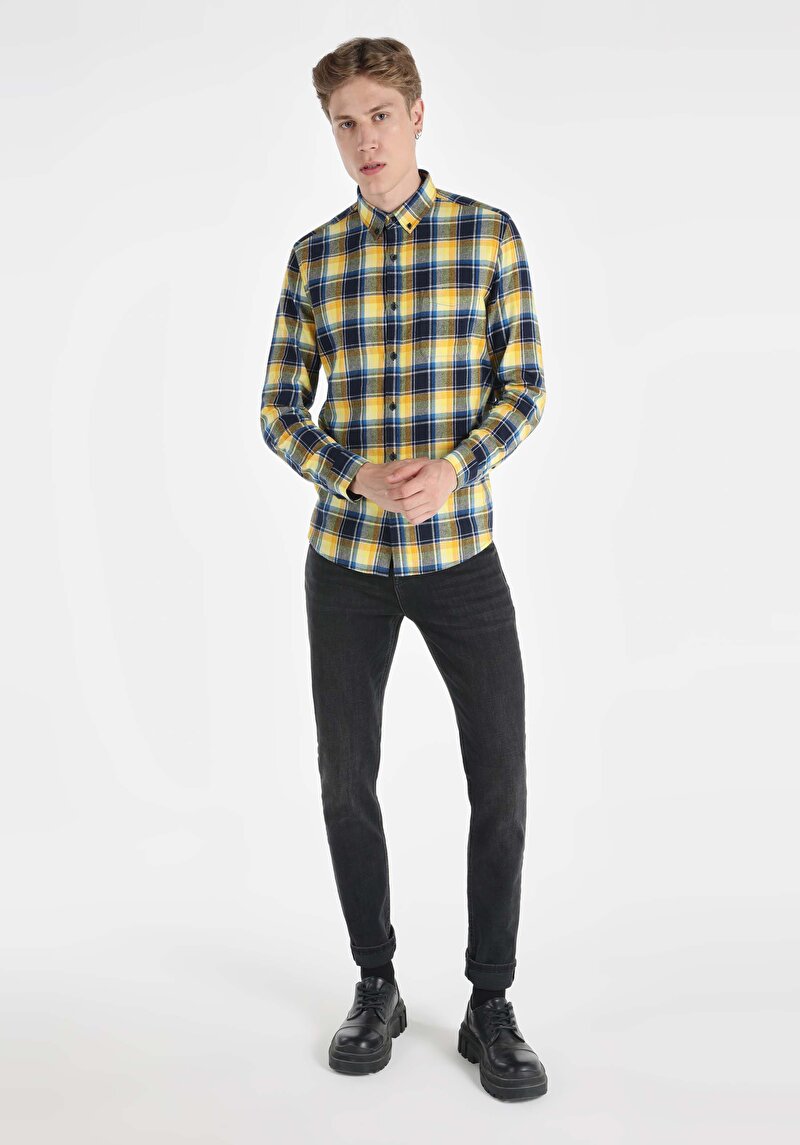 Slim Fit Shirt Neck Cepli Ekoseli Erkek Lacivert Uzun Kol Gömlek