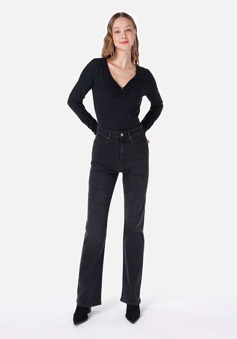 Regular Fit Kadın Siyah Cepli Jean Pantolon