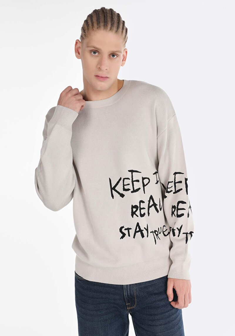 Comfort Fit Yuvarlak Yaka Düz Erkek Taş Kazak