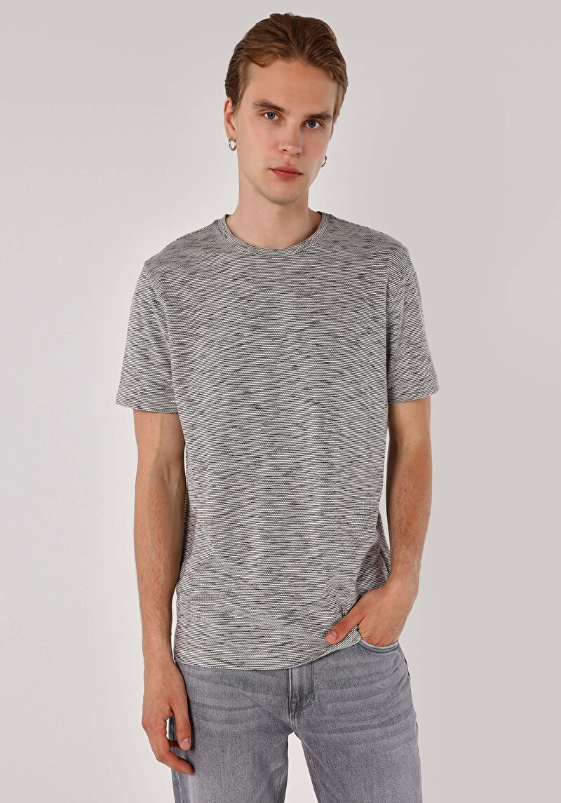 Regular Fit Yuvarlak Yaka Jakarlı Erkek Antrasit Kısa Kol Tişört