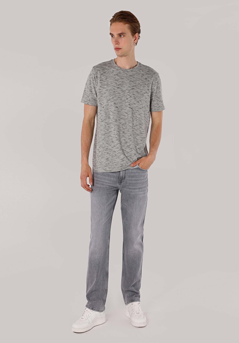 Regular Fit Yuvarlak Yaka Jakarlı Erkek Antrasit Kısa Kol Tişört