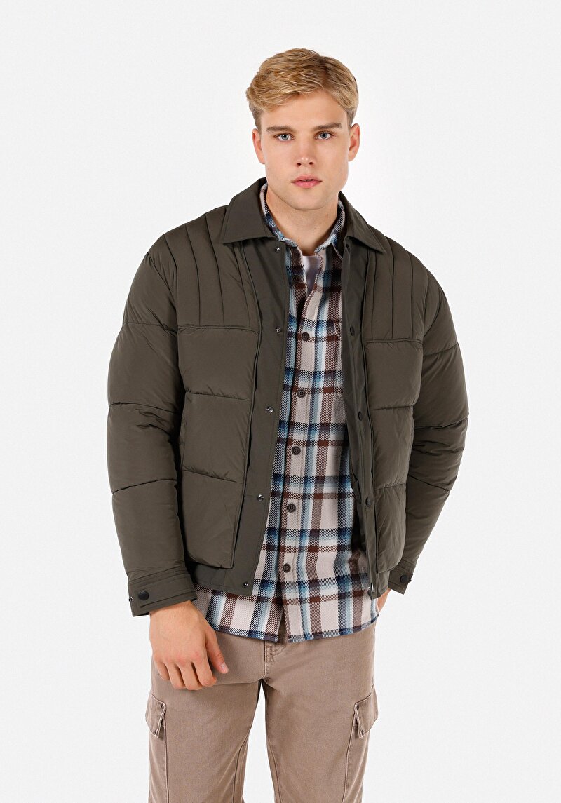 Slim Fit Çıt Çıt Düğmeli Erkek Yeşil Mont