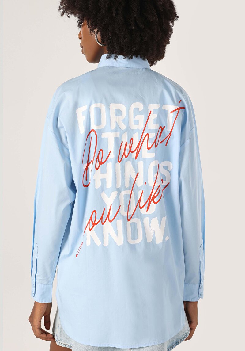 Relaxed Fit Shirt Neck Baskılı Kadın Mavi Uzun Kol Gömlek
