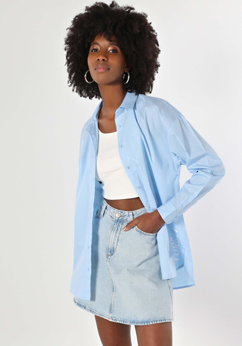 Relaxed Fit Shirt Neck Baskılı Kadın Mavi Uzun Kol Gömlek