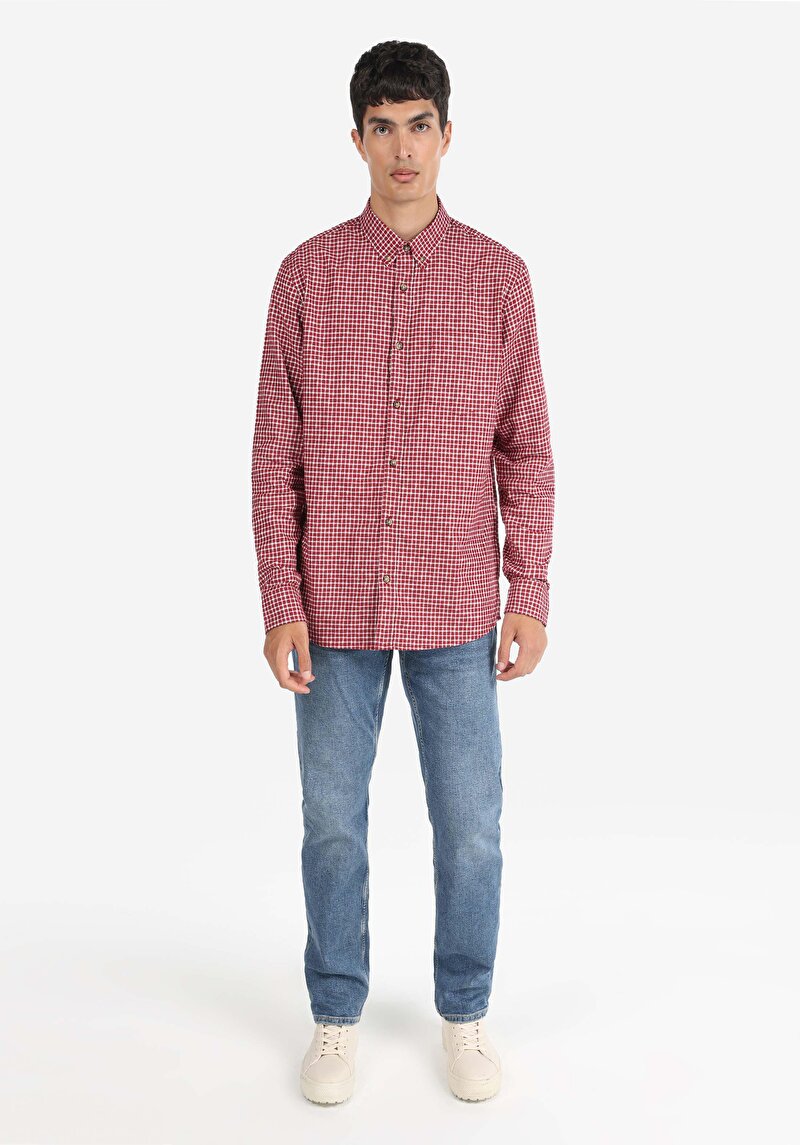 Regular Fit Shirt Neck Kareli Erkek Bordo Uzun Kol Gömlek