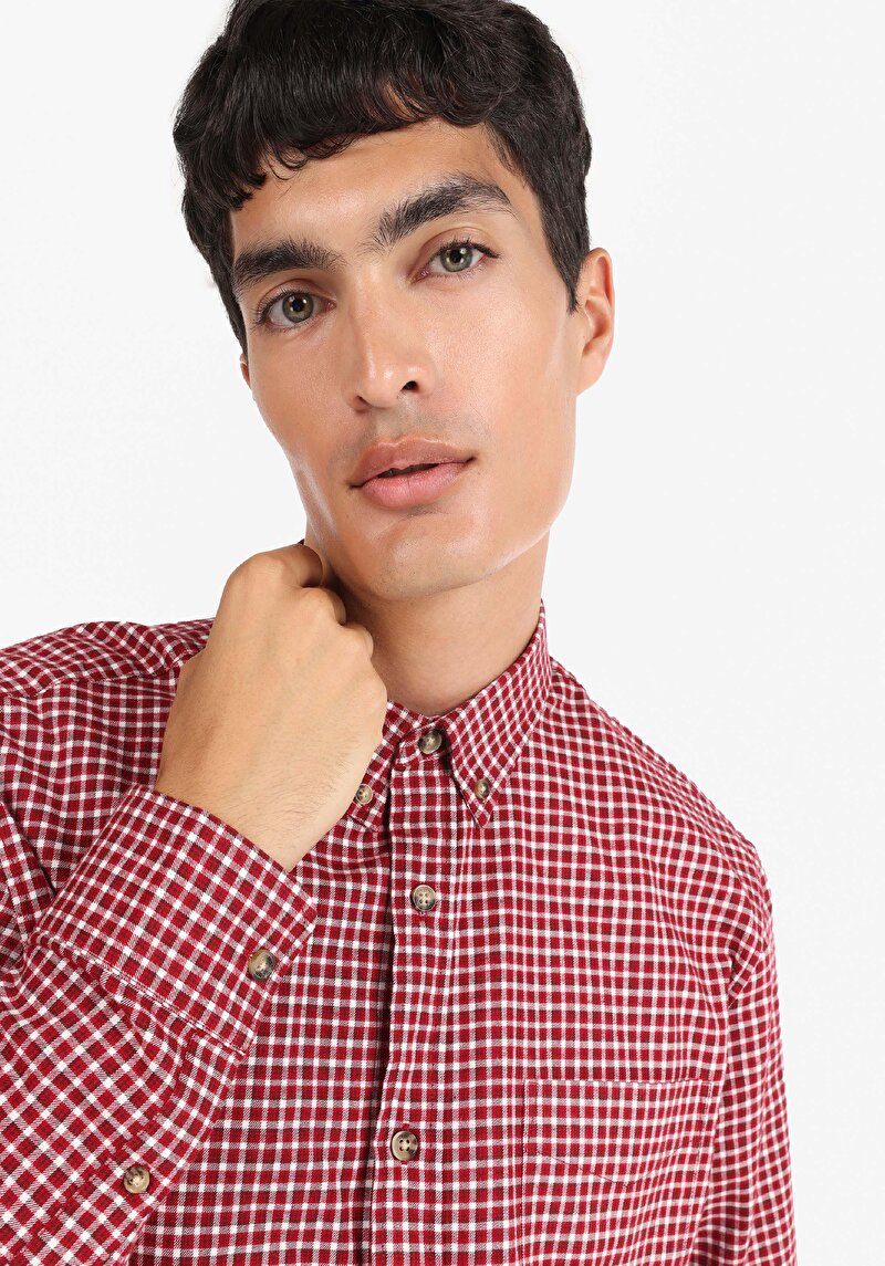 Regular Fit Shirt Neck Kareli Erkek Bordo Uzun Kol Gömlek
