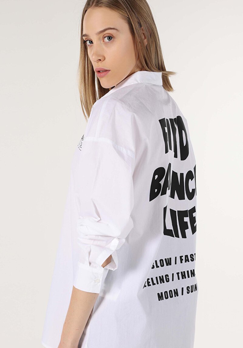 Relaxed Fit Shirt Neck Baskılı Kadın Beyaz Uzun Kol Gömlek