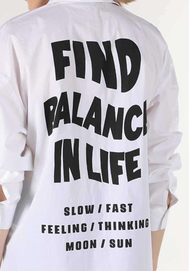 Relaxed Fit Shirt Neck Baskılı Kadın Beyaz Uzun Kol Gömlek