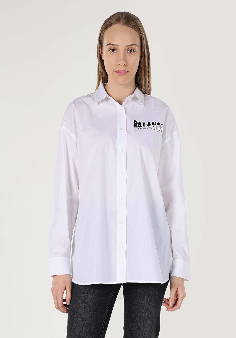 Relaxed Fit Shirt Neck Baskılı Kadın Beyaz Uzun Kol Gömlek