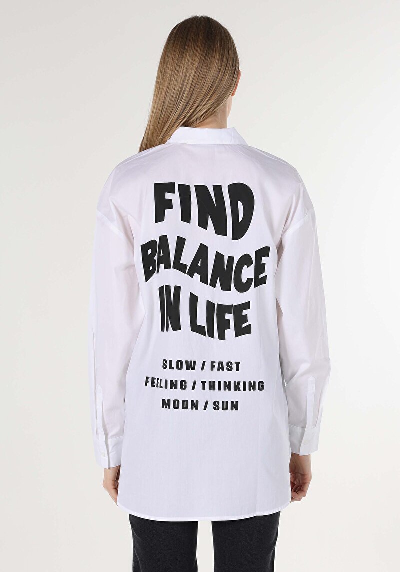Relaxed Fit Shirt Neck Baskılı Kadın Beyaz Uzun Kol Gömlek