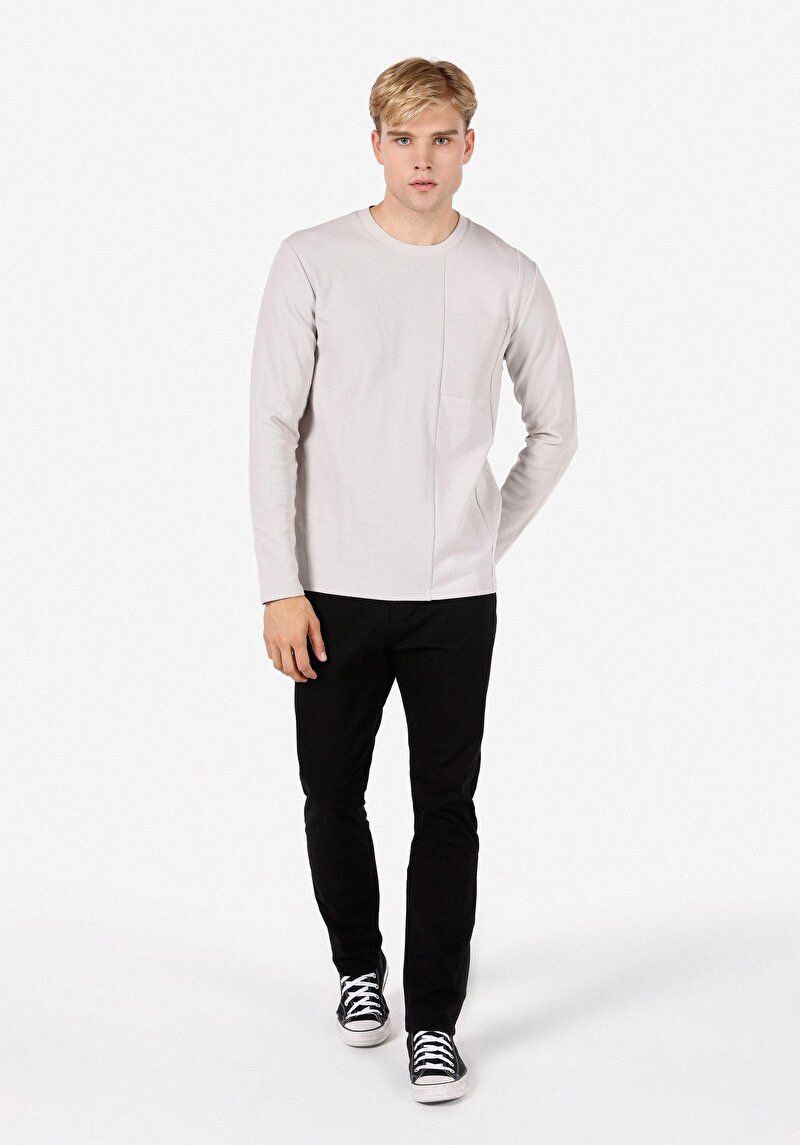 Regular Fit Yuvarlak Yaka Düz Erkek Taş Uzun Kol Tişört
