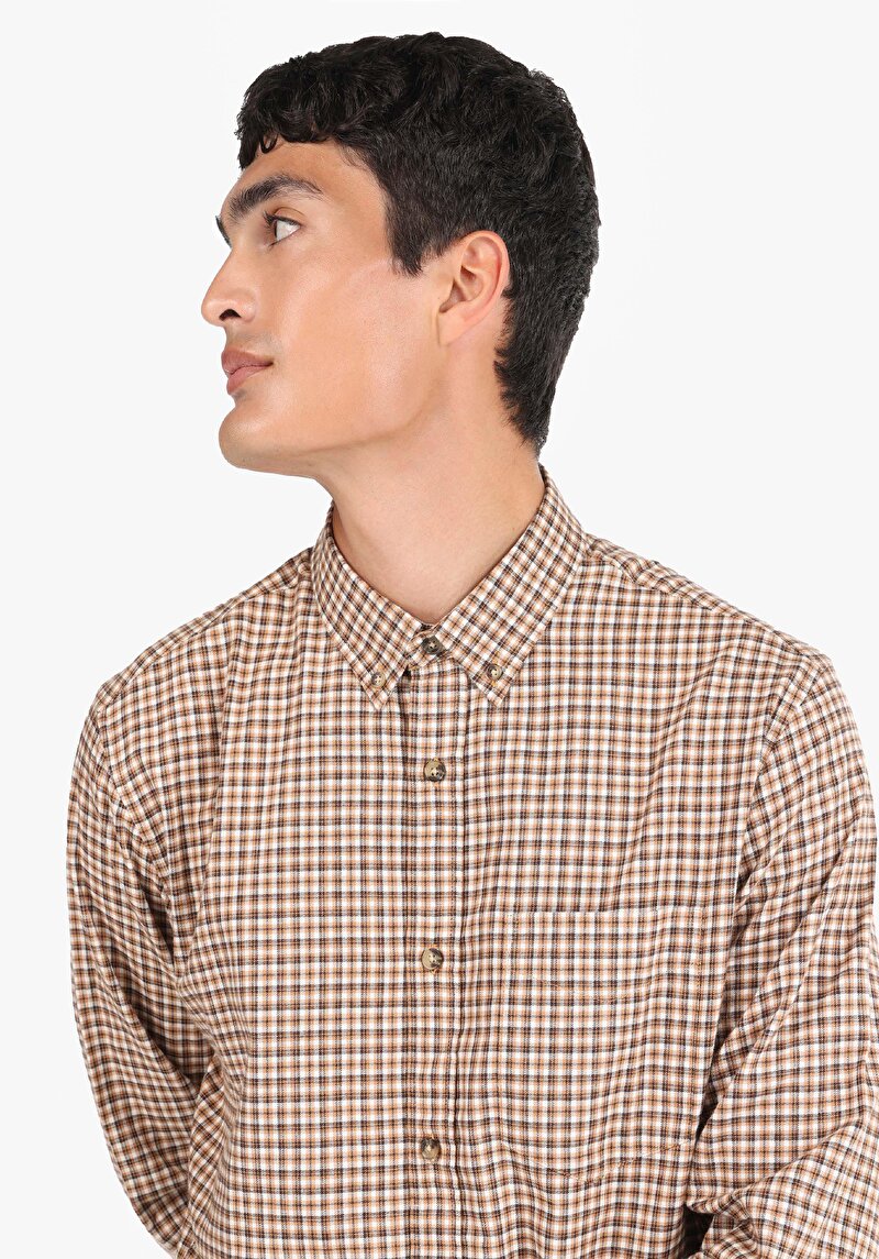 Regular Fit Shirt Neck Kareli Erkek Kahverengi Uzun Kol Gömlek