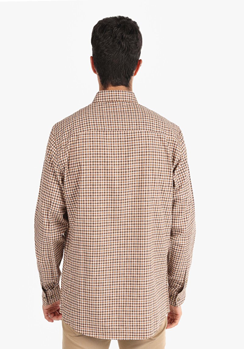Regular Fit Shirt Neck Kareli Erkek Kahverengi Uzun Kol Gömlek