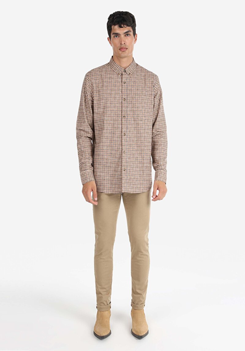 Regular Fit Shirt Neck Kareli Erkek Kahverengi Uzun Kol Gömlek