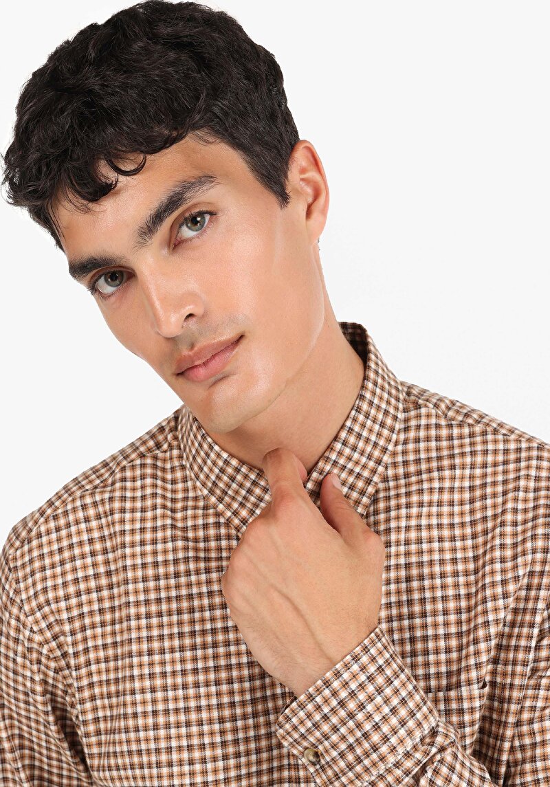Regular Fit Shirt Neck Kareli Erkek Kahverengi Uzun Kol Gömlek