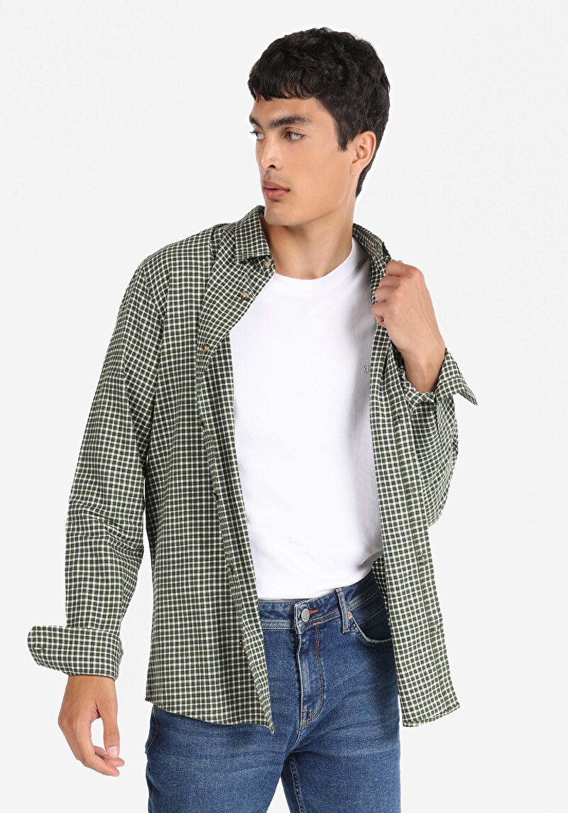 Regular Fit Dokuma Shirt Neck Kareli Erkek Yeşil Uzun Kol Gömlek