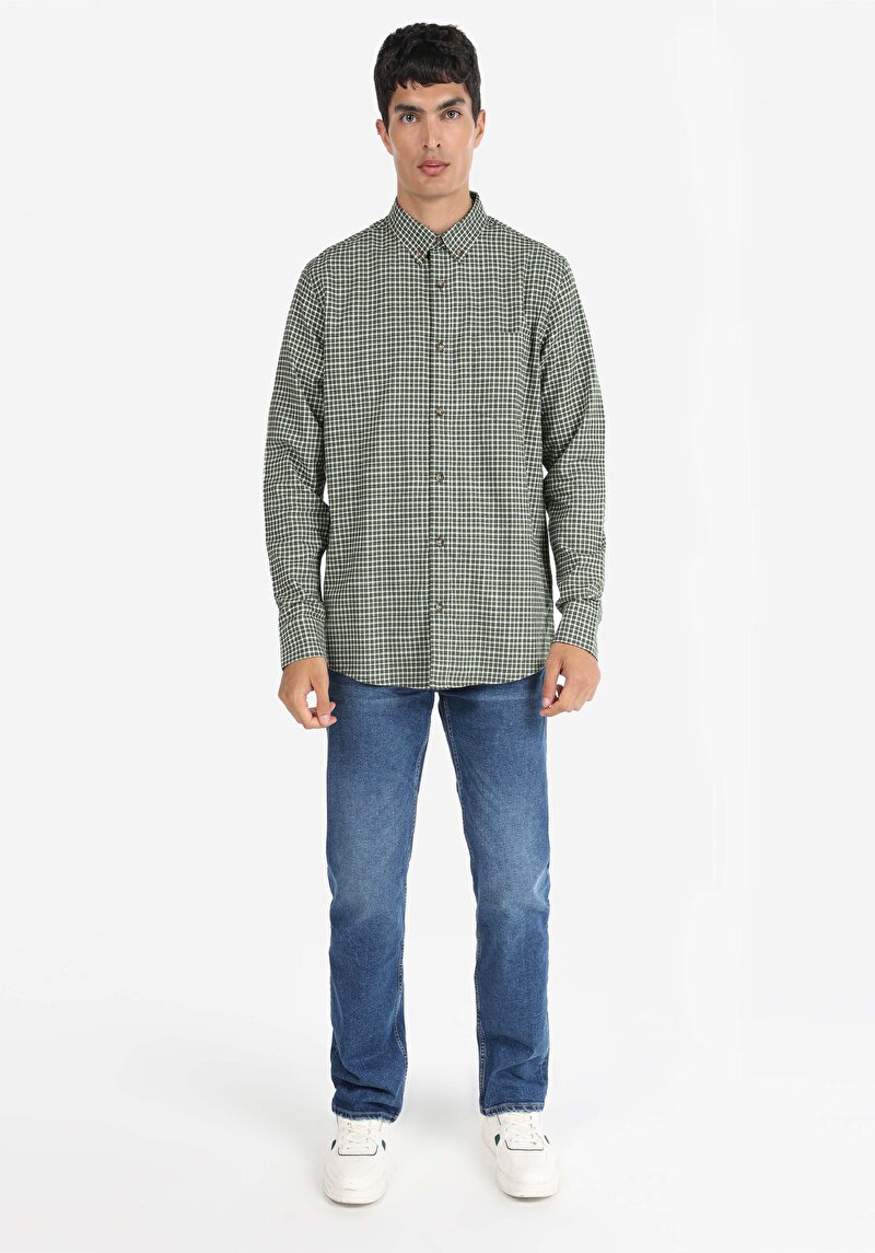 Regular Fit Dokuma Shirt Neck Kareli Erkek Yeşil Uzun Kol Gömlek