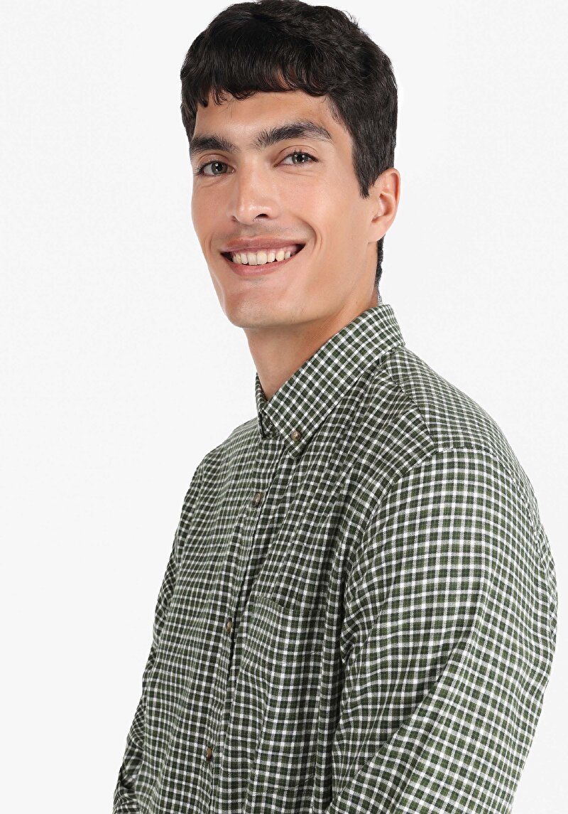 Regular Fit Dokuma Shirt Neck Kareli Erkek Yeşil Uzun Kol Gömlek