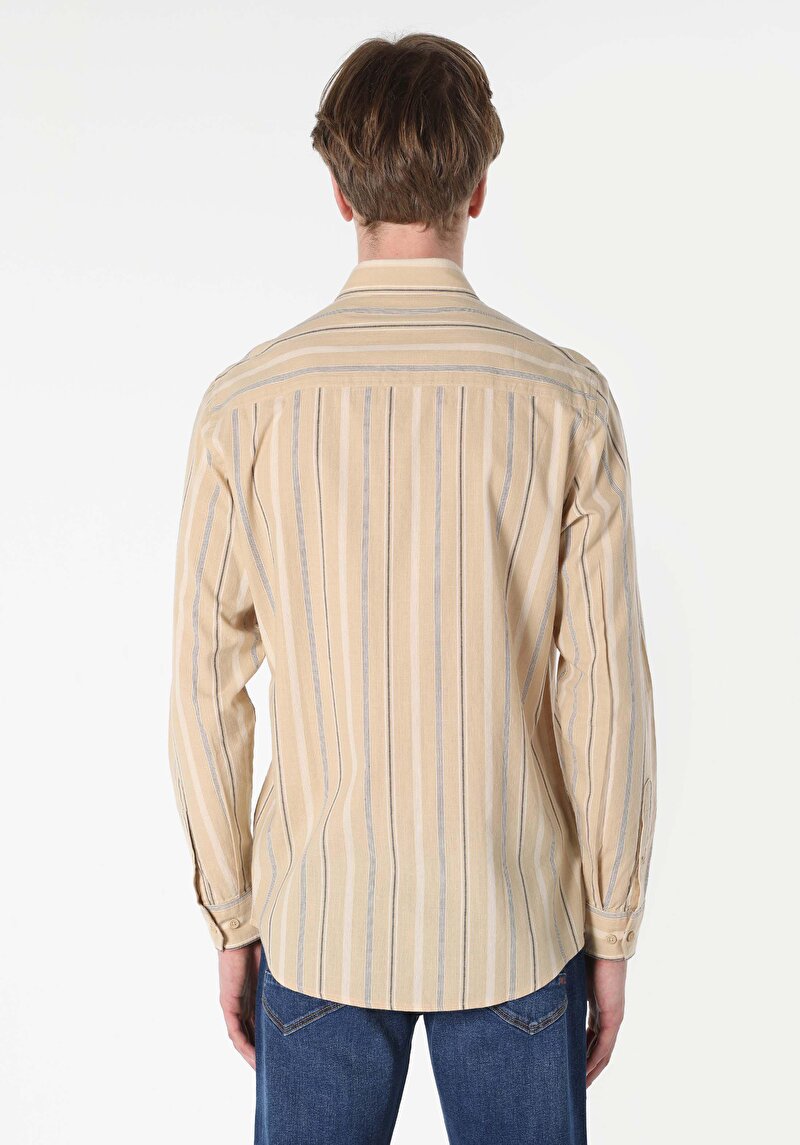 Regular Fit Shirt Neck Çizgili Erkek Bej Uzun Kol Gömlek