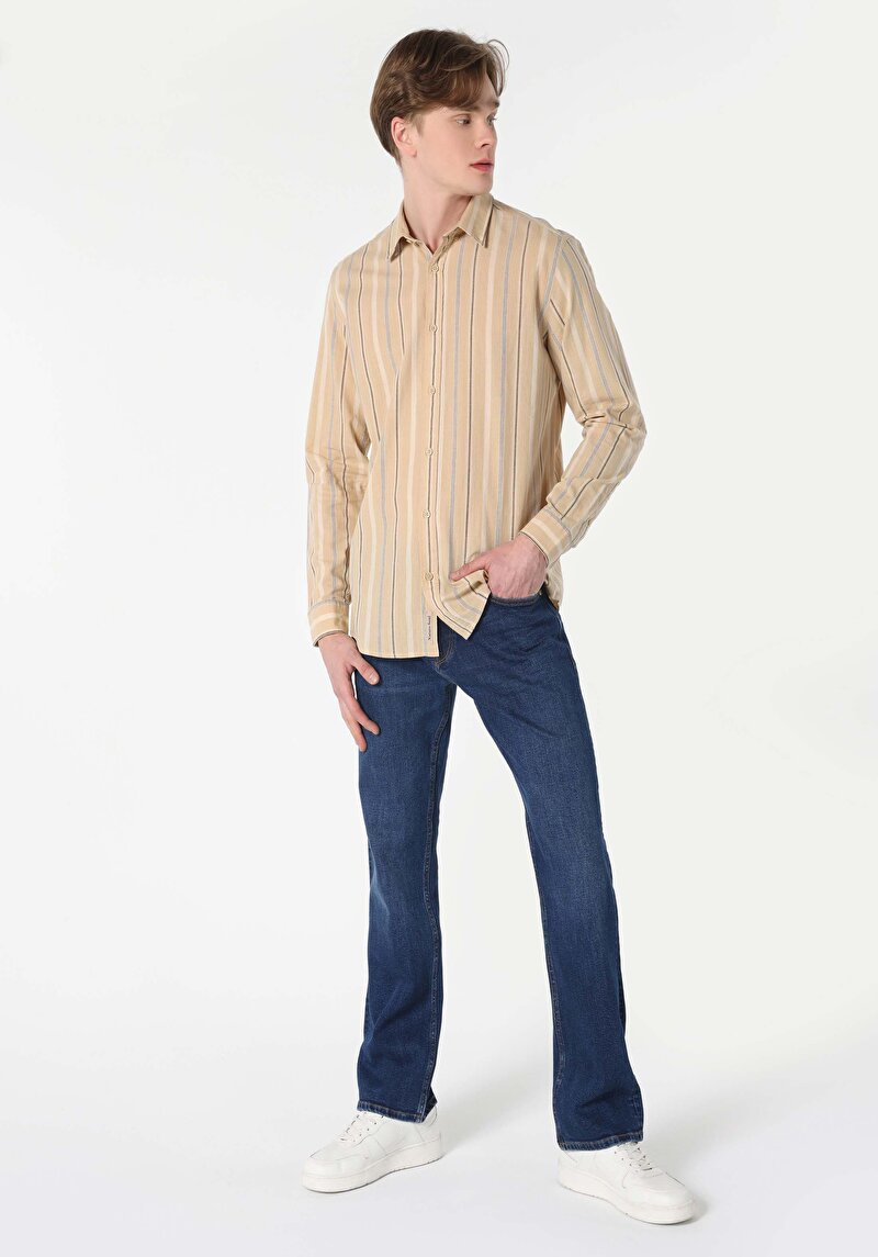 Regular Fit Shirt Neck Çizgili Erkek Bej Uzun Kol Gömlek