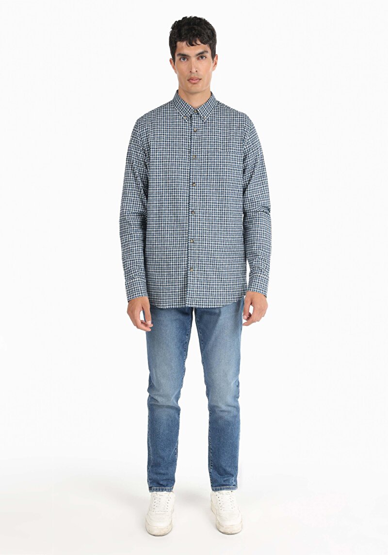 Regular Fit Pamuklu Shirt Neck Kareli Erkek Lacivert Uzun Kol Gömlek