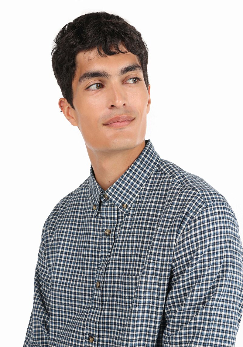 Regular Fit Pamuklu Shirt Neck Kareli Erkek Lacivert Uzun Kol Gömlek