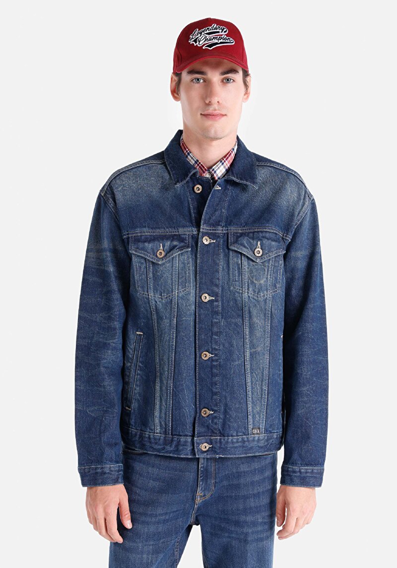 Oversize Fit Fermuarlı Astarsız Erkek Mavi Ceket