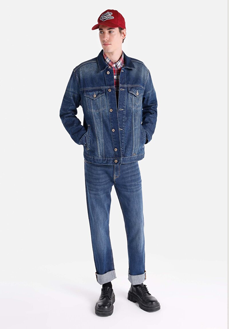 Oversize Fit Fermuarlı Astarsız Erkek Mavi Ceket