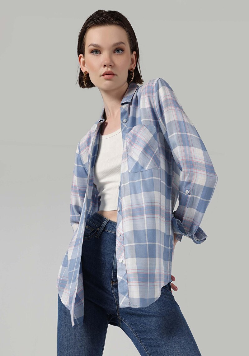 Regular Fit Shirt Neck Ekoseli Kadın Mavi Uzun Kol Gömlek