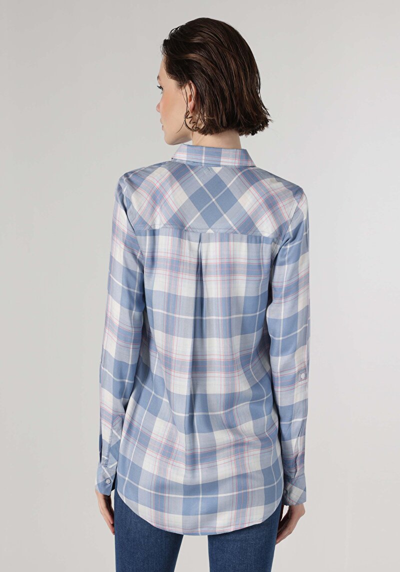 Regular Fit Shirt Neck Ekoseli Kadın Mavi Uzun Kol Gömlek