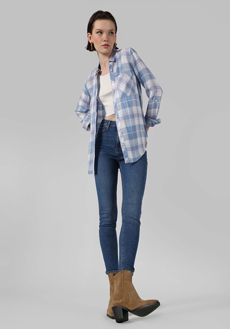Regular Fit Shirt Neck Ekoseli Kadın Mavi Uzun Kol Gömlek