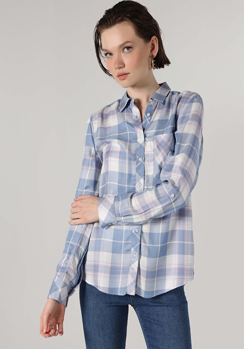 Regular Fit Shirt Neck Ekoseli Kadın Mavi Uzun Kol Gömlek