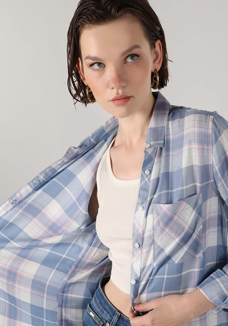 Regular Fit Shirt Neck Ekoseli Kadın Mavi Uzun Kol Gömlek