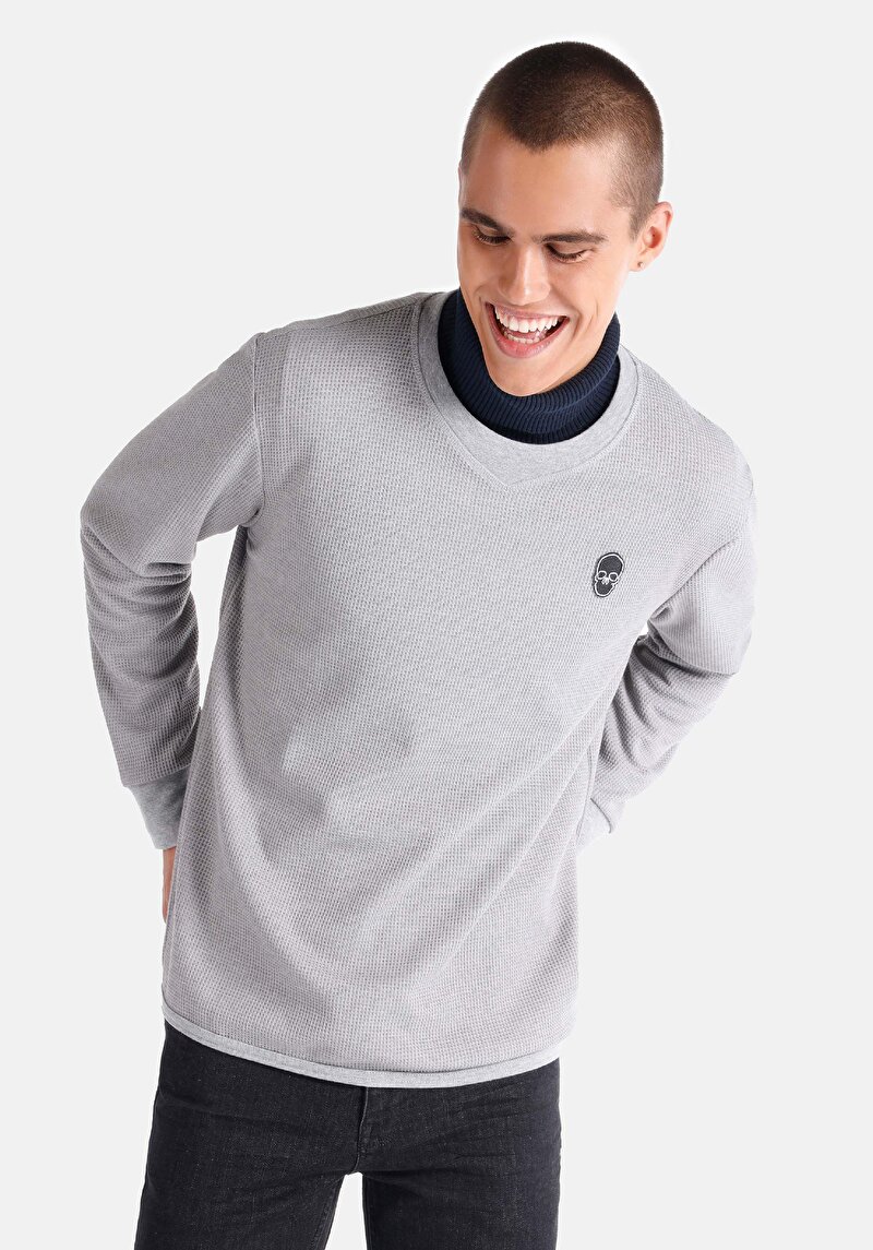 Regular Fit Yuvarlak Yaka Düz Erkek Gri Uzun Kol Tişört
