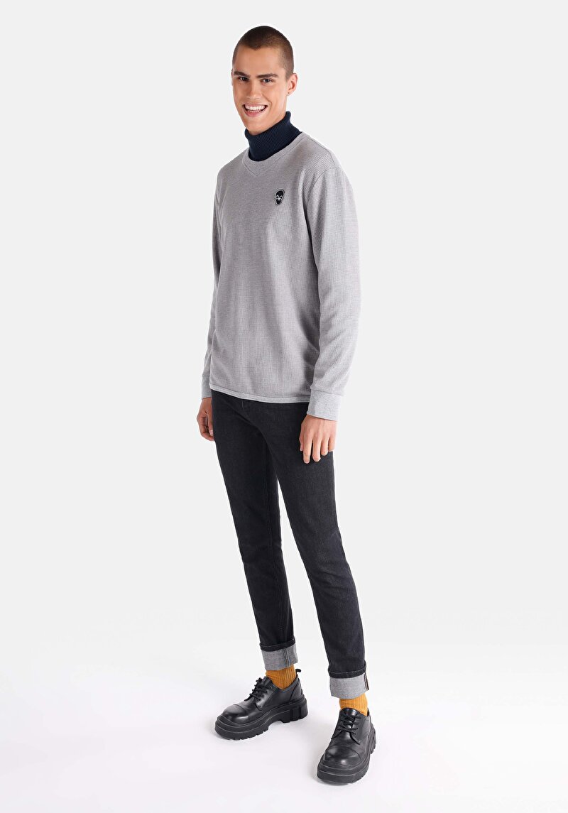 Regular Fit Yuvarlak Yaka Düz Erkek Gri Uzun Kol Tişört