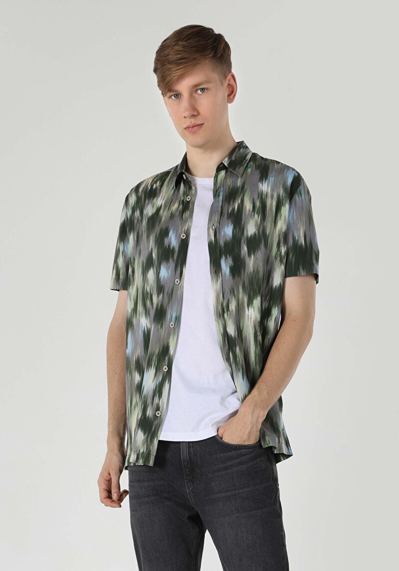 Regular Fit Shirt Neck Baskılı Erkek Yeşil Kısa Kol Gömlek