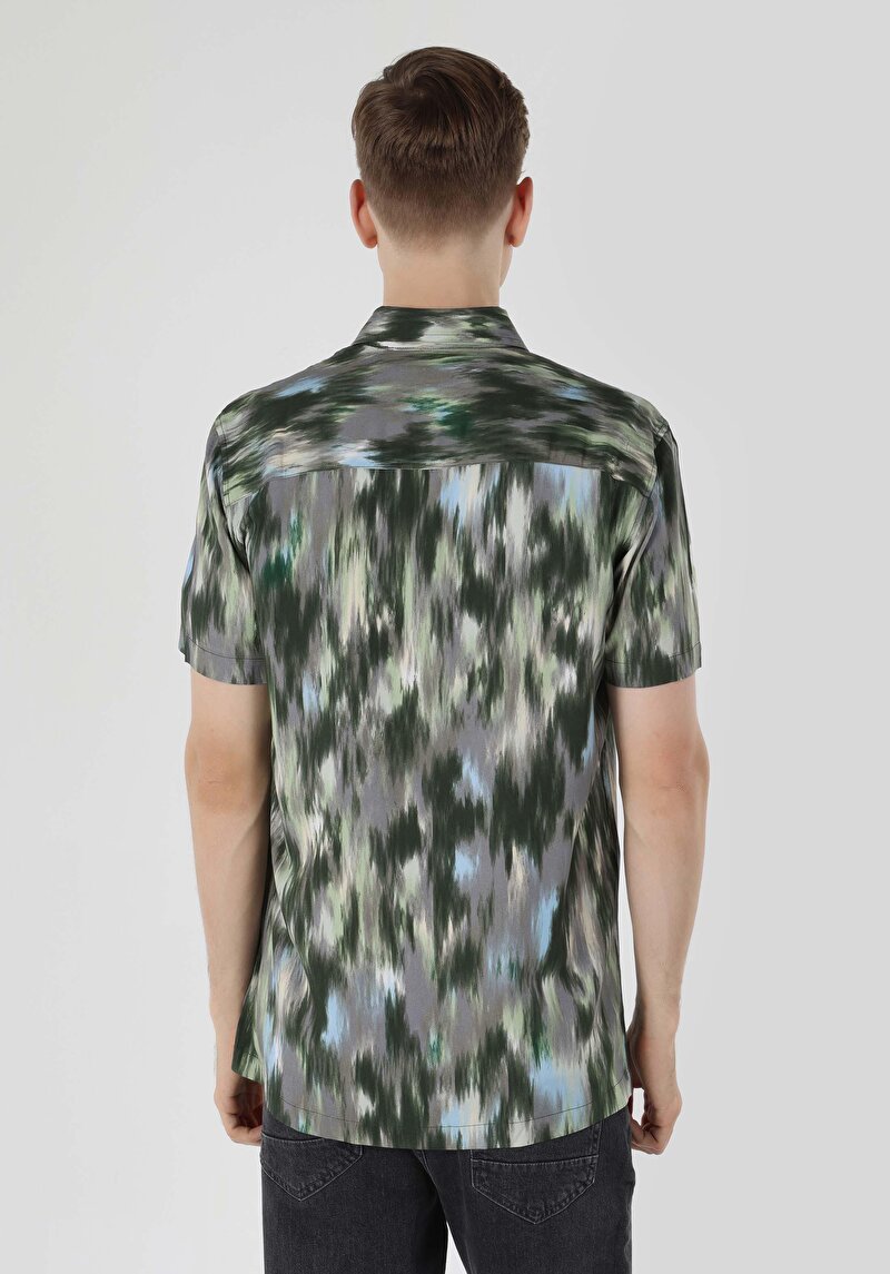 Regular Fit Shirt Neck Baskılı Erkek Yeşil Kısa Kol Gömlek