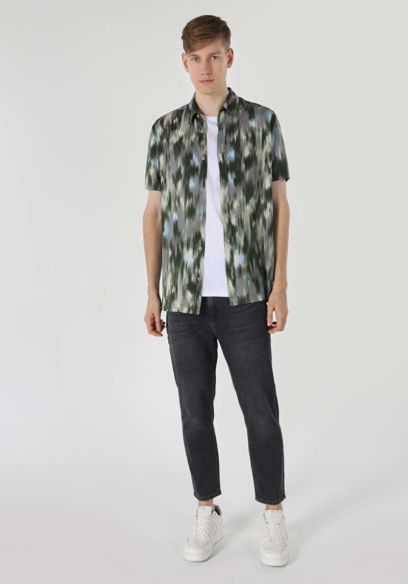 Regular Fit Shirt Neck Baskılı Erkek Yeşil Kısa Kol Gömlek
