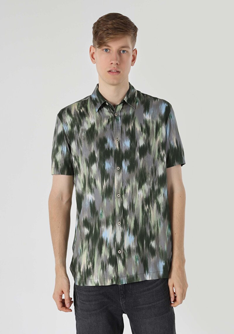 Regular Fit Shirt Neck Baskılı Erkek Yeşil Kısa Kol Gömlek