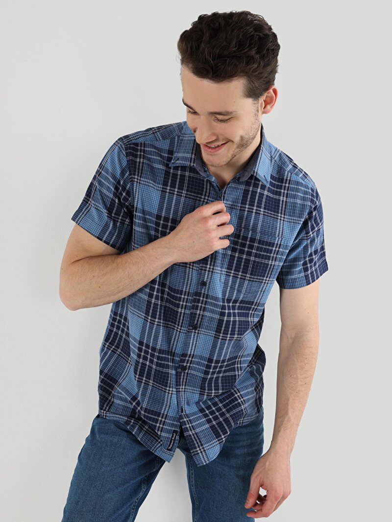 Regular Fit Shirt Neck Ekoseli Erkek Lacivert Kısa Kol Gömlek