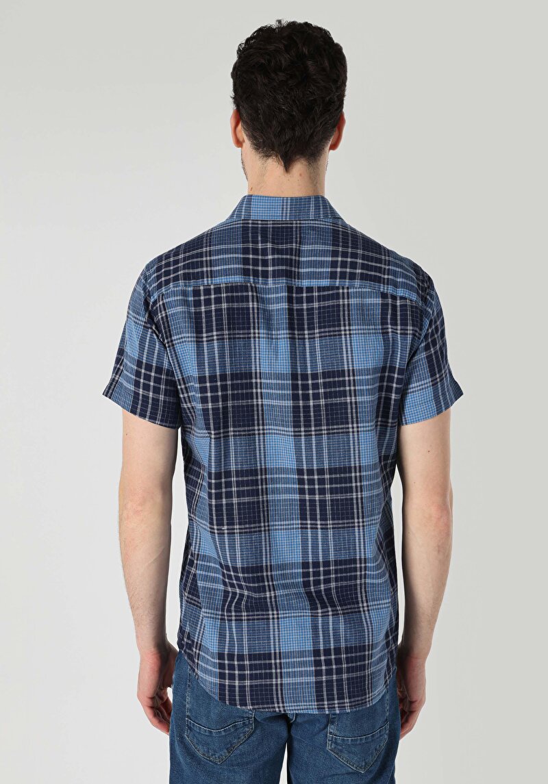 Regular Fit Shirt Neck Ekoseli Erkek Lacivert Kısa Kol Gömlek