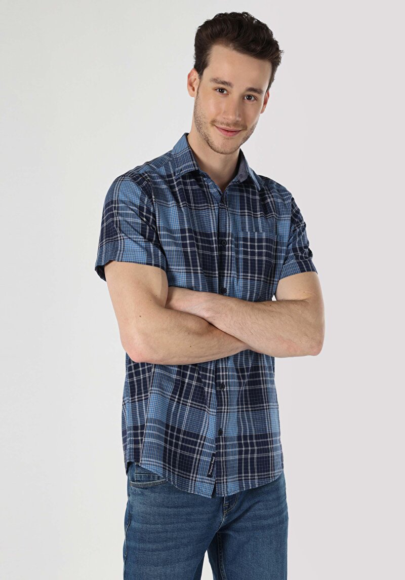 Regular Fit Shirt Neck Ekoseli Erkek Lacivert Kısa Kol Gömlek