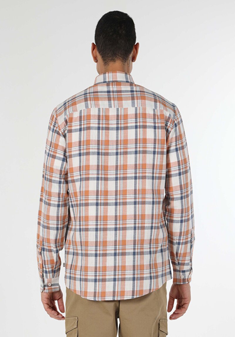 Regular Fit Cepli Shirt Neck Ekoseli Erkek Turuncu Uzun Kol Gömlek