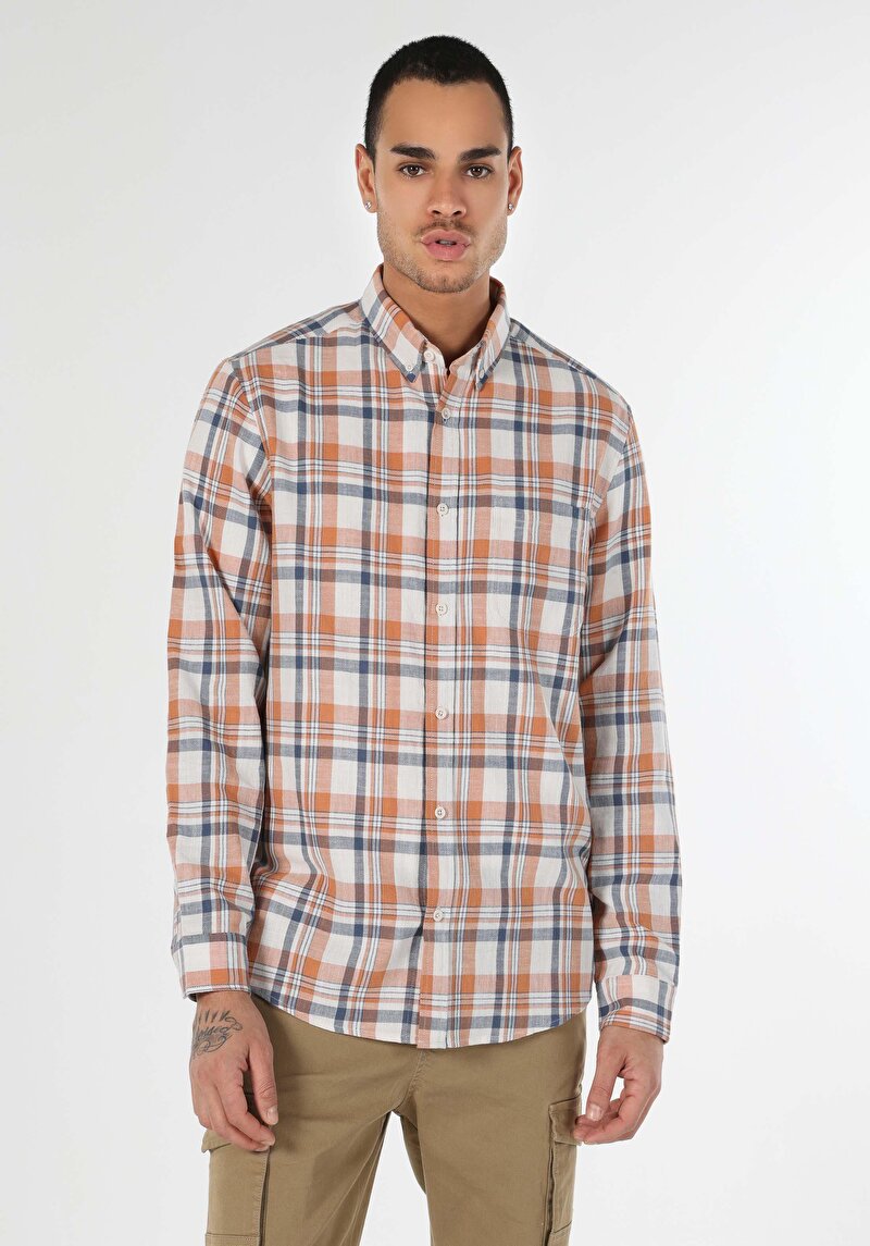 Regular Fit Cepli Shirt Neck Ekoseli Erkek Turuncu Uzun Kol Gömlek