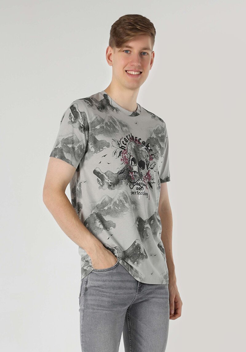 Regular Fit Yuvarlak Yaka Baskılı Erkek Gri Kısa Kol Tişört